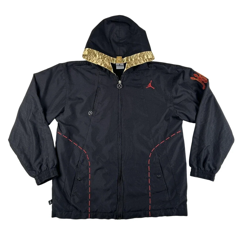 Jordan Jacket Youth Large Black Hooded Windbreaker Red Gold Jumpman Basketball